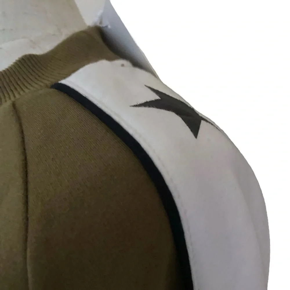 ELLANDEMM Crewneck Sweatshirt White Stripes Black Star Sleeve Detail Olive Green